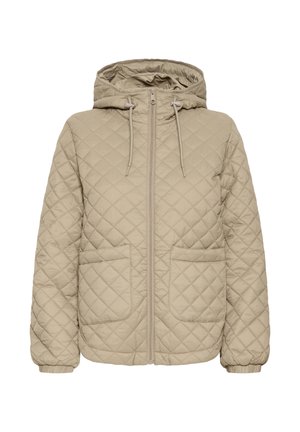 Veste matelassée beige avec capuche, fermeture éclair à l'avant et deux poches plaquées. Tissu texturé avec poignets élastiques et cordon de serrage à la capuche.