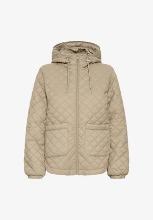 Beežist kapuutsiga tikitud jakk, millel on ees tõmblukk ja kaks taskut. Tekstuuriga kangas, elastsete mansettide ja kapuutsi nöörkinnitusega.