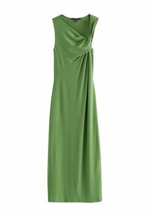 Zelena bezrukavna midi haljina od mekanog materijala, s dizajnom uvrnutog prednjeg dijela i lepršavim siluetom u A-liniji.