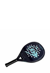 Schwarze Padel-Schläger mit runder Form, strukturiertem schwarzen Griff, weißen Punkten auf der Oberfläche und blauen grafischen Akzenten. Leicht und langlebig im Design.