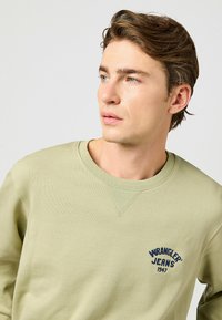 Felpa verde chiaro a girocollo con colletto a coste, caratterizzata da un logo "Wrangler Jeans" ricamato sul petto in navy. Texture liscia.