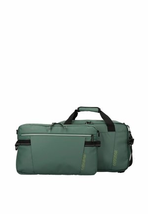 Borsa a mano impermeabile di colore verde con due scomparti, manici e cinghie neri, chiusura superiore con cerniera e dettagli riflettenti. Superficie testurizzata.