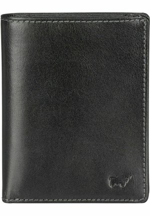 Black leather wallet with a smooth texture, featuring visible stitching and a small embossed logo in the bottom right corner.