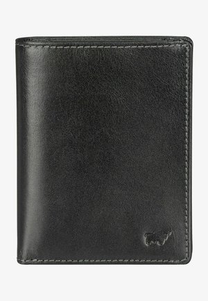 Black leather wallet with a smooth texture, featuring visible stitching and a small embossed logo in the bottom right corner.