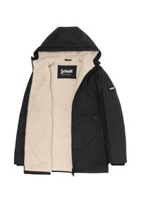 Veste à coque extérieure noire avec capuche, dotée d'une doublure en polaire beige. Comprend un patch logo sur la poitrine et une poche zippée latérale.