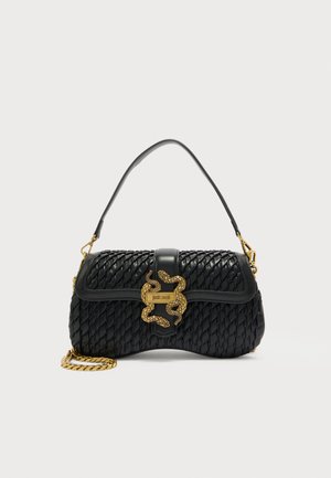 Black woven leather handbag with short handle, gold chain strap, and gold snake-shaped clasp on front flap.