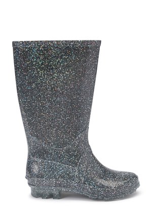 Botte de pluie noire avec des paillettes multicolores, semelle texturée et hauteur mi-mollet, vue de côté sur fond blanc.