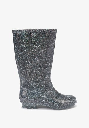 Botte de pluie noire avec des paillettes multicolores, semelle texturée et hauteur mi-mollet, vue de côté sur fond blanc.