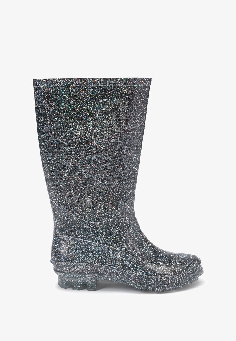 Botte de pluie noire avec des paillettes multicolores, semelle texturée et hauteur mi-mollet, vue de côté sur fond blanc.