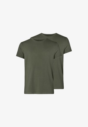 Two olive green cotton t-shirts with short sleeves and crew necks, featuring a smooth texture and a classic fit, arranged overlapping.