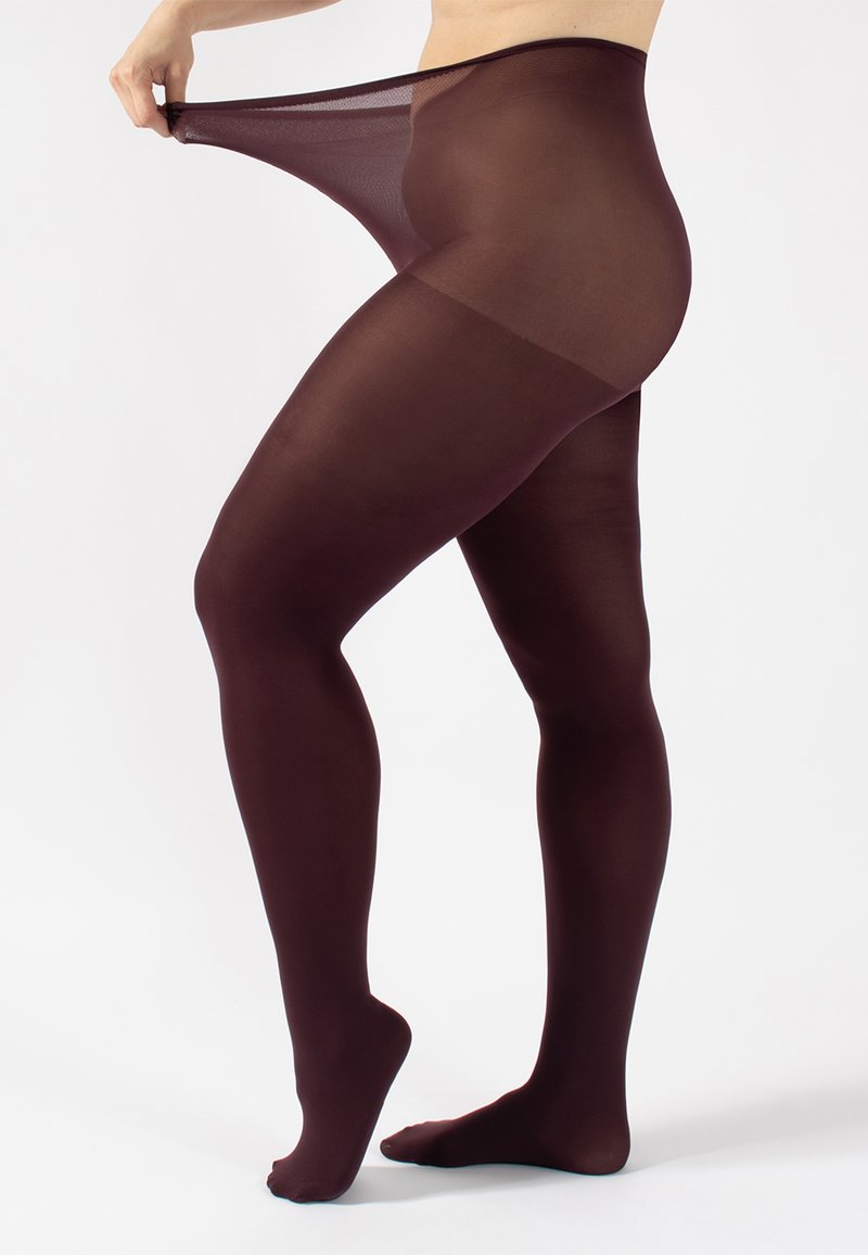 Collant sheer bordeaux, texture liscia, vita elasticizzata, design aderente, con una leggera lucentezza e stile con piede.