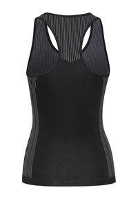 Zwarte sportieve tanktop met een racerback ontwerp. Beschikt over mesh-inserties voor ademend vermogen en een getailleerd silhouet. Getextureerd materiaal overal.