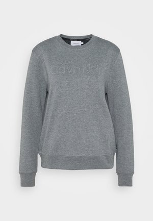 Grey long-sleeve crewneck sweatshirt with "Calvin Klein" logo in small rhinestones across the chest, ribbed cuffs and hem.