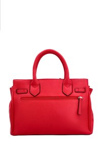 Red leather handbag with dual handles, rectangular shape, front zipper pocket, smooth texture, and stitched detailing on the sides.