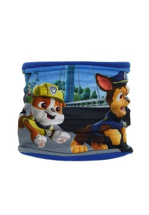 Fleece neck warmer featuring cartoon dogs in vibrant colors, with a blue top edge and black center depicting playful designs. Soft texture.