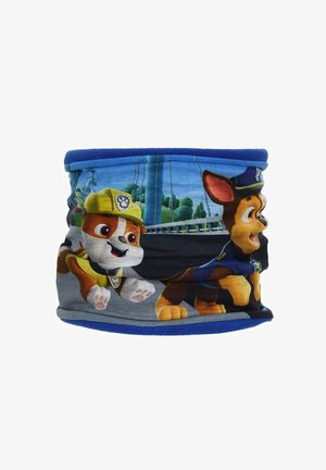 Ciepły kominiarka z polaru z kolorowymi, kreskówkowymi psami, z niebieską górną krawędzią i czarnym środkiem z zabawnymi wzorami. Miękka tekstura.