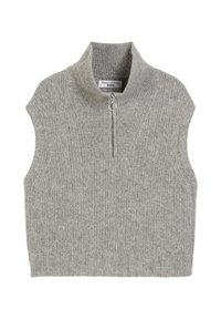 Grauer gestrickter ärmelloser Pullover mit hohem Kragen, strukturiertem Rippenmuster, einem halbseitigen Reißverschluss und einem dezenten V-Ausschnitt.