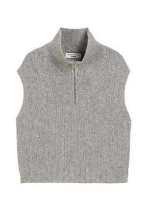 Gray knitted sleeveless sweater with a high collar, featuring ribbed texture, a half-length zipper, and a subtle V-shaped neckline.