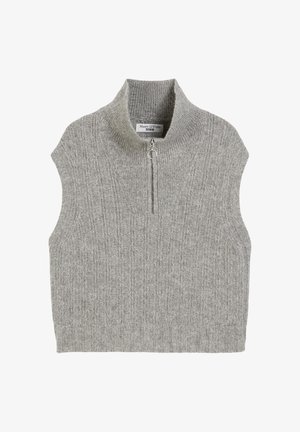 Gray knitted sleeveless sweater with a high collar, featuring ribbed texture, a half-length zipper, and a subtle V-shaped neckline.