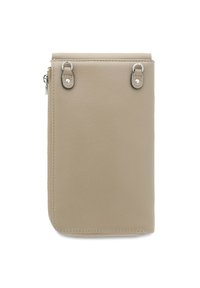 Beige leren portemonnee met een gestructureerde afwerking, ritssluiting en twee zilveren drukknoopaccenten aan de bovenkant. Compact rechthoekig formaat.
