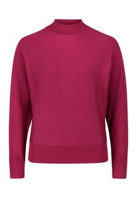 Fuchsia gestrickter Pullover mit hohem Rollkragen, langen Ärmeln sowie gerippten Bündchen und Saum. Glatte Textur, schlichtes Design und einfarbig.