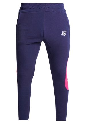 Marineblauwe slim-fit joggers met elastische tailleband, zijzakken, roze panelen op de kuiten en wit geborduurd logo op de linker dij.