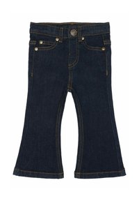 Mörkblå denimjeans med utsvängda ben, gula sömmar, framfickor och knappstängning. Tyget har en slät, något strukturerad yta.