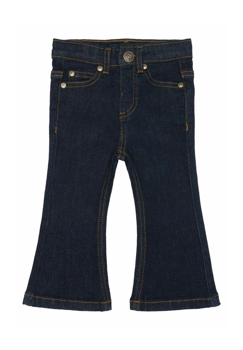 Mörkblå denimjeans med utsvängda ben, gula sömmar, framfickor och knappstängning. Tyget har en slät, något strukturerad yta.