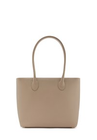 Sac fourre-tout en cuir beige avec une texture lisse, des poignées arrondies et un design minimaliste. Ouvert en haut sans matériel ou motifs visibles.