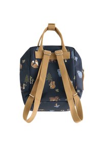 Zaino navy con stampa di animali e alberi, dotato di spallacci e maniglie beige, forma rettangolare e tasca con zip sul lato.