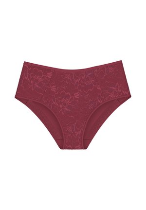 Majtkami w kolorze mauve z koronką, zdobionymi kwiecistym wzorem, o wysokim stanie, bezszwowych krawędziach oraz gładkiej gumce w talii. Wykonane z miękkiego materiału z elastycznymi bokami.
