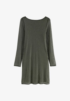 Alyvuogių žalios spalvos ilgomis rankovėmis suknelė, turinti tekstūruotą raštą su mažomis, vienodai išdėstytomis taškiukais. Apvalus iškirpimas ir tiesus kirpimas. Minkšta medžiaga.