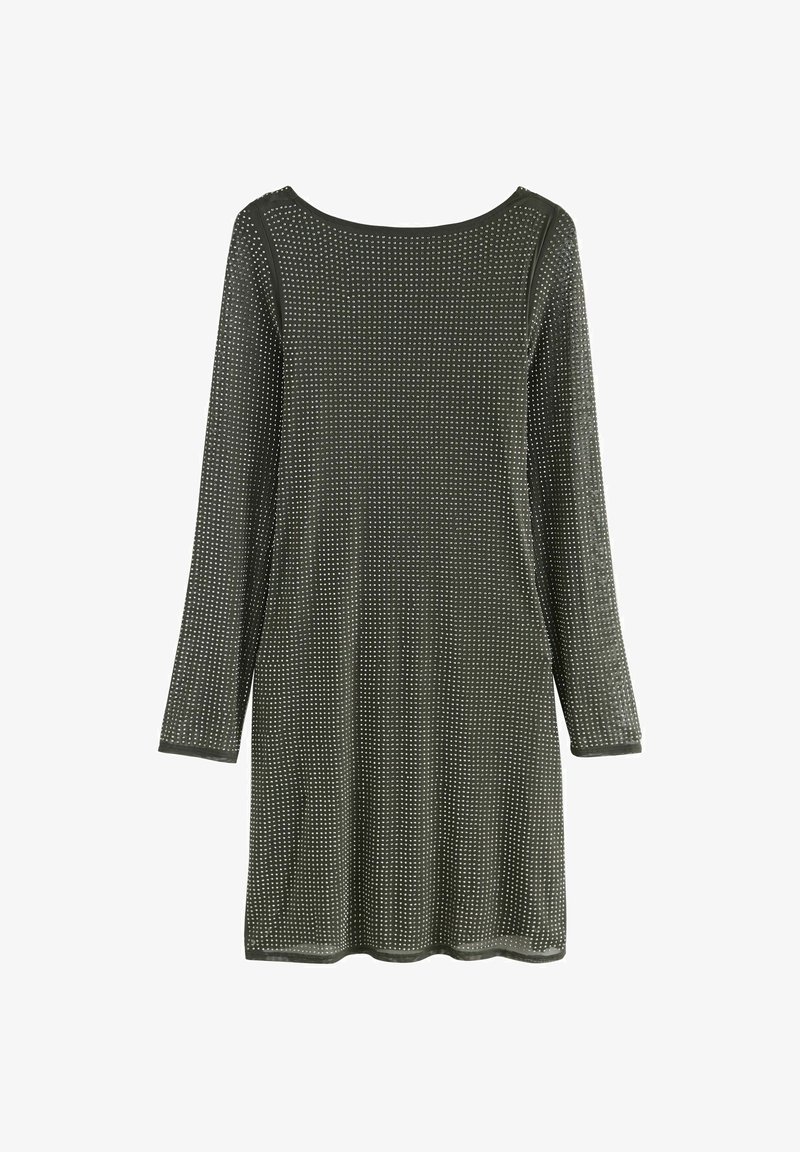 Olivengrünes Langarmkleid mit einem strukturierten Muster aus kleinen, gleichmäßig verteilten Punkten. Rundhalsausschnitt und gerader Schnitt. Weiches Material.