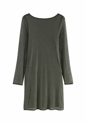 Olivengrünes Langarmkleid mit einem strukturierten Muster aus kleinen, gleichmäßig verteilten Punkten. Rundhalsausschnitt und gerader Schnitt. Weiches Material.