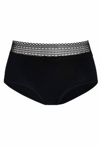 Culotte noire taille haute avec un bord en dentelle à la taille, texture lisse et conception à couverture complète.
