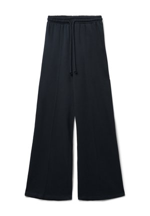 Pantaloni neri a gamba larga realizzati in morbido tessuto, con una vita elastica regolabile tramite cordoncino, e gambe a taglio dritto senza ulteriori decorazioni.