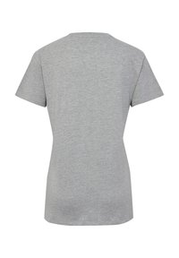 Enkel lys grå tettsittende kortermet T-skjorte vist bakfra på hvit bakgrunn.