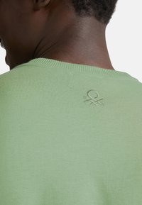 Světle zelený svetr s vroubkovaným kulatým výstřihem, se slabým raženým logem na zadní straně. Hladká textura, neformální design.