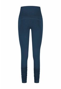 Marineblaue Leggings aus dehnbarem Stoff, mit einem hohen Bund und gerafften Bündchen an den Knöcheln. Glatte Textur ohne Muster.
