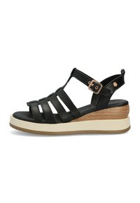 Sandalo a zeppa nero con design a più cinturini, materiale in pelle texturizzata, soletta imbottita e dettaglio in legno sull'altezza del tallone.