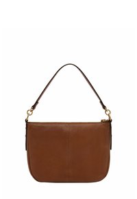 Sac à main en cuir marron avec une finition texturée, doté d'une fermeture éclair, d'une poignée courte et d'accents en métal doré.