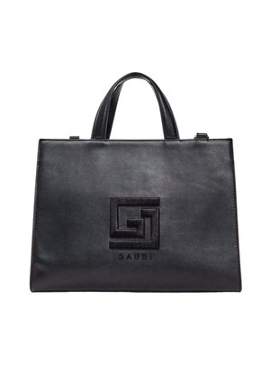 Borsa a mano rettangolare in pelle nera con doppi manici e logo geometrico in rilievo con la scritta "GAUDI" sul davanti.