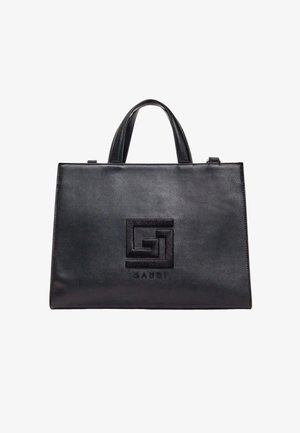 Borsa a mano rettangolare in pelle nera con doppi manici e logo geometrico in rilievo con la scritta "GAUDI" sul davanti.