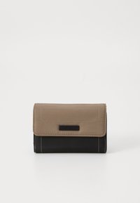 Portofel pliabil maro și negru, realizat dintr-un material texturat. Dispune de cusături contrastante și un accent rectangulat negru pe față.