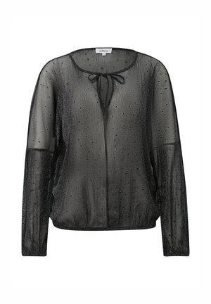 Schwarze transparente Bluse mit langen Ärmeln, kleinen Pünktchen und einem Bindedetail am runden Ausschnitt sowie elastischem Saum.