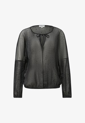 Zwarte doorschijnende blouse met lange mouwen, kleine stippen en een strikdetail bij de ronde halslijn, elastische onderrand.