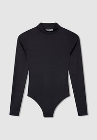 Body a maniche lunghe nera con colletto alto, vestibilità slim, texture liscia e fondo a perizoma. Realizzato in tessuto elastico per garantire comfort.
