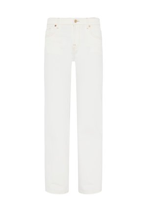 Jeans en denim blanc avec une coupe droite, présentant un design classique à cinq poches et des détails de couture contrastants.