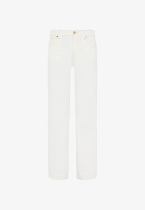 Białe dżinsy z prostą nogawką, z klasycznym pięciopocketowym krojem i kontrastującymi detalami szwów.