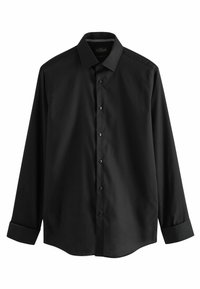 Schwarzes Langarmshirt aus glattem Material, mit einer durchgehenden Knopfleiste, Standardkragen und Einknopf-Manschetten.